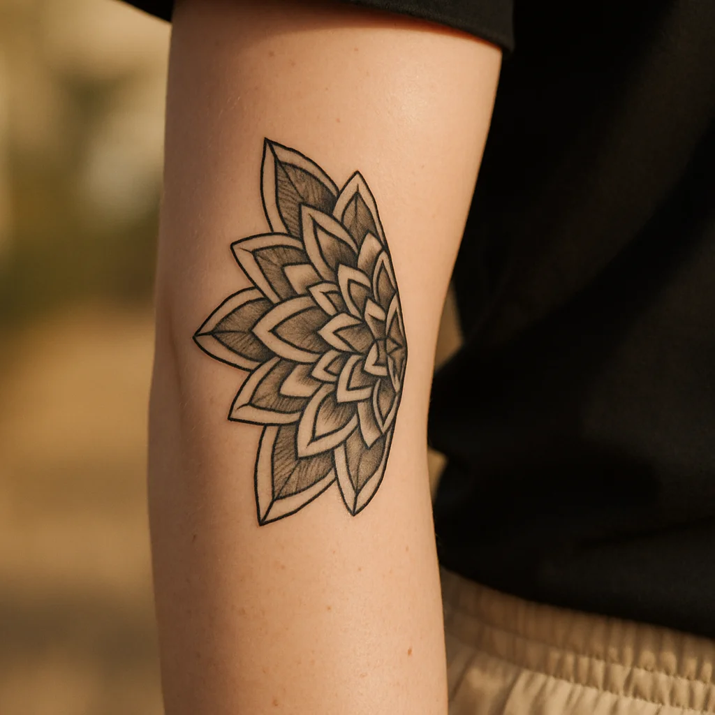 Geometric half mandala fanning inward from the edge of the outer forearm
