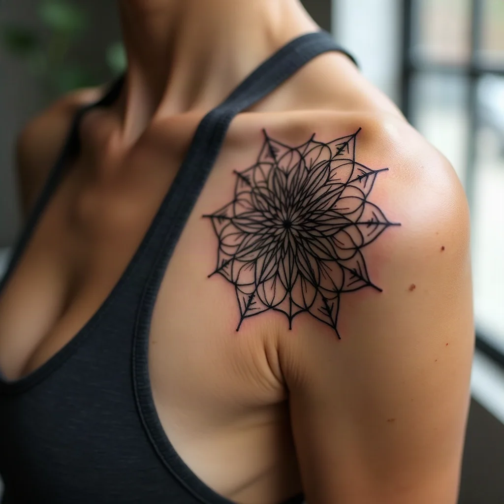Geometric mandala tattoo on a shoulder showing the shiny new-skin stage of healing
