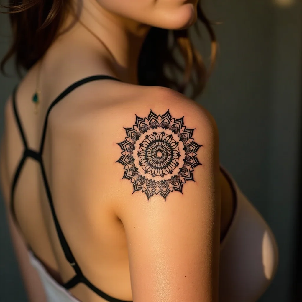 Geometric mandala tattoo on a woman's shoulder cap, hidden under a t-shirt sleeve