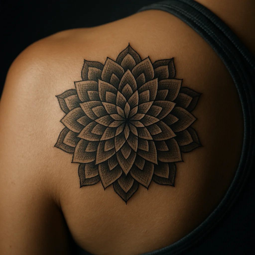Geometric mandala tattoo with concentric petal rings and dotwork shading on the shoulder blade