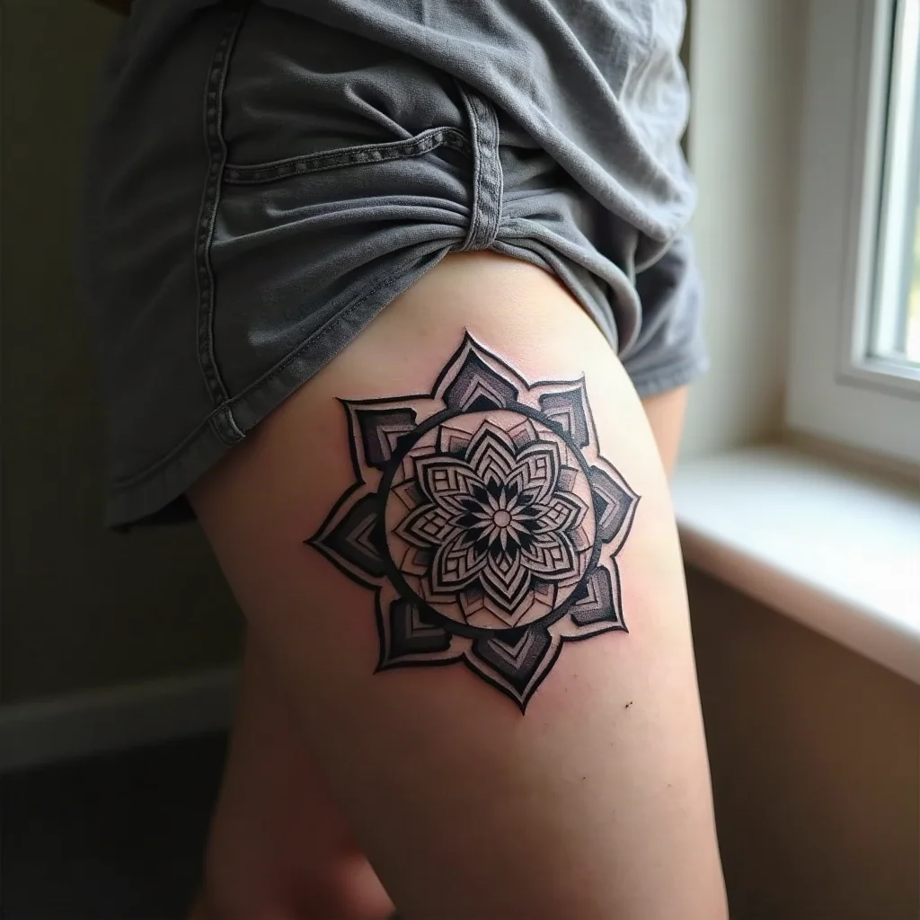 Geometric mandala tattoo with patchy shine and thin scabs on the thigh at day nine