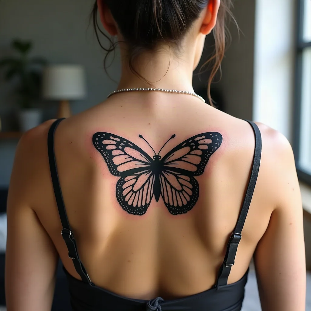 Geometric mandala-winged butterfly tattoo centered on the upper back