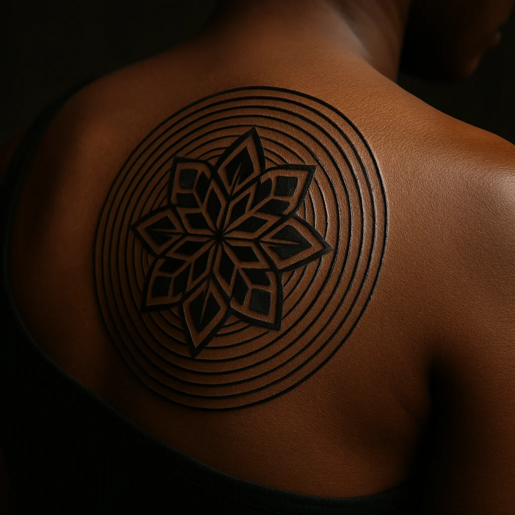 Geometric mandala with concentric line rings tattooed on a shoulder blade