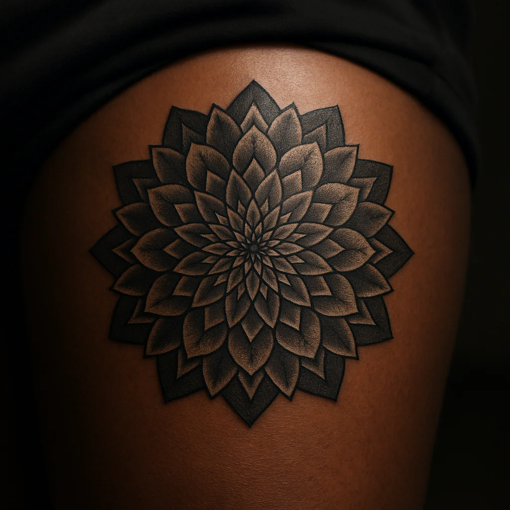 Geometric mandala with concentric petal rings tattooed on the front of the thigh