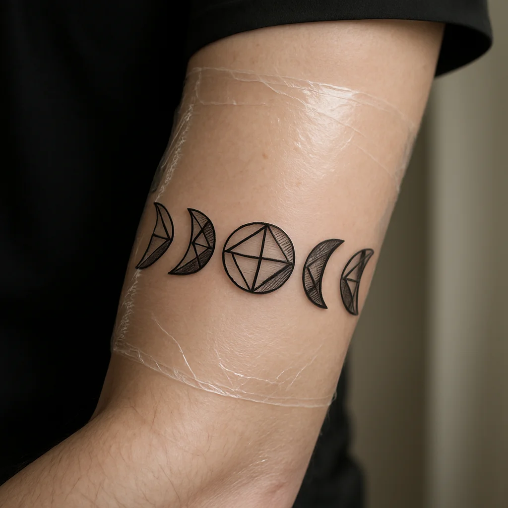 Geometric moon phase tattoo on an inner forearm under a fresh wrap for the first night