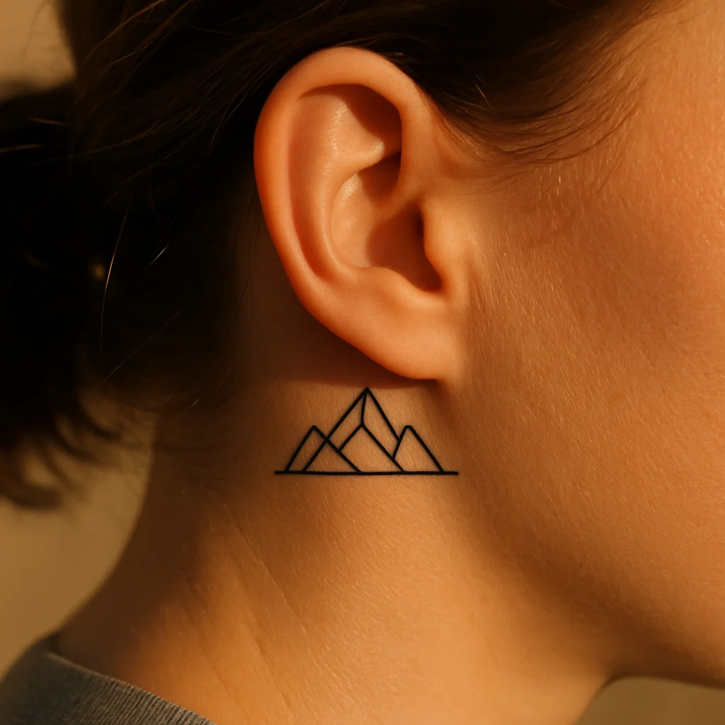 Geometric mountain outline tattoo with a thin horizon line behind the ear