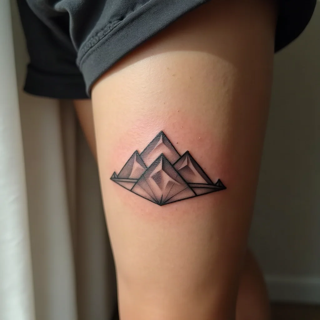 Geometric mountain range with triangular peaks and thin horizon lines tattooed on the calf
