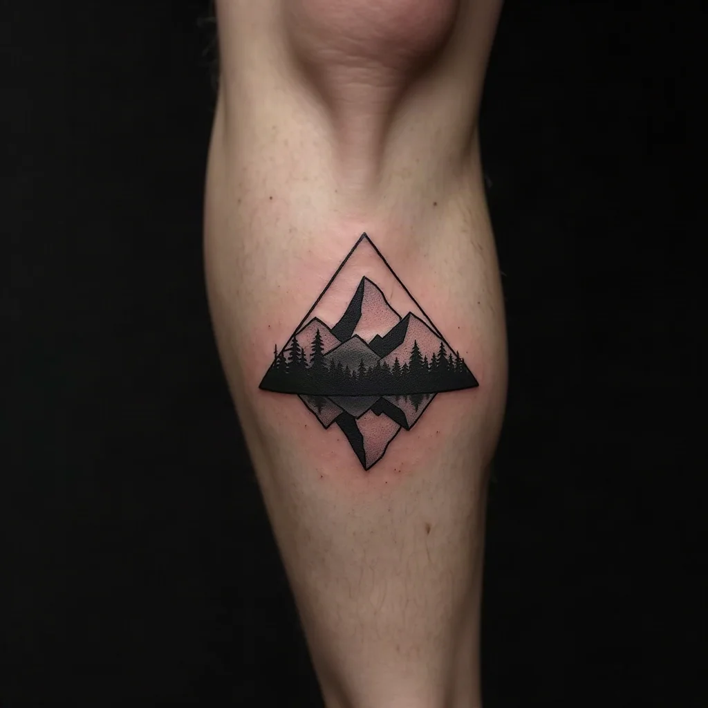 Geometric mountain ridgeline tattoo on a man's calf