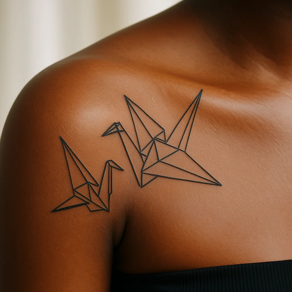 Geometric origami cranes with one mid-fold tattooed on a shoulder