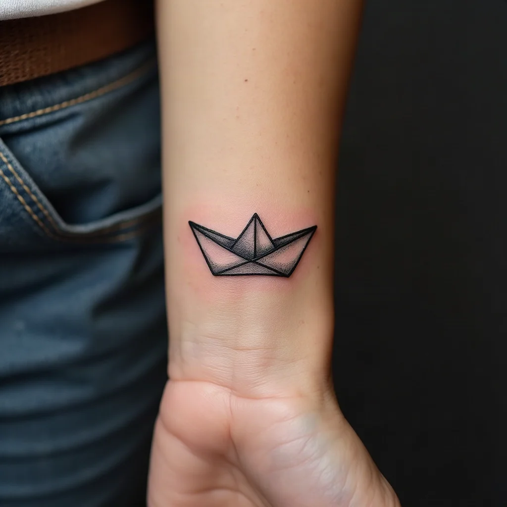 Geometric origami paper boat tattoo on a mother's inner wrist, matching her son's larger version
