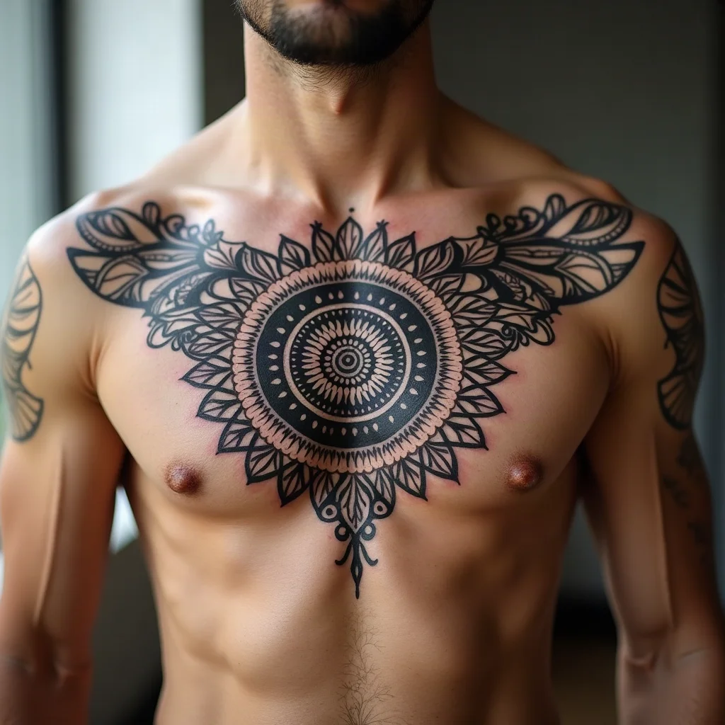 Geometric ornamental sternum mandala with lace-like arms spreading onto the inner ribs on a man's chest