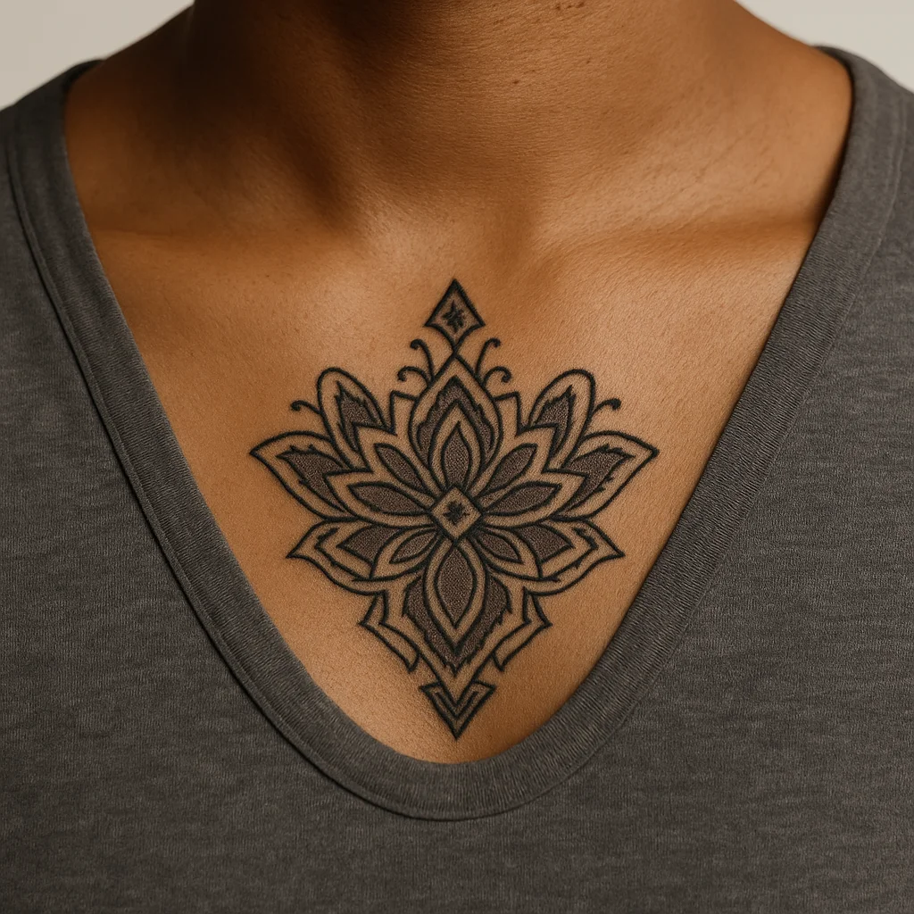 Geometric ornamental sternum tattoo centred on the chest