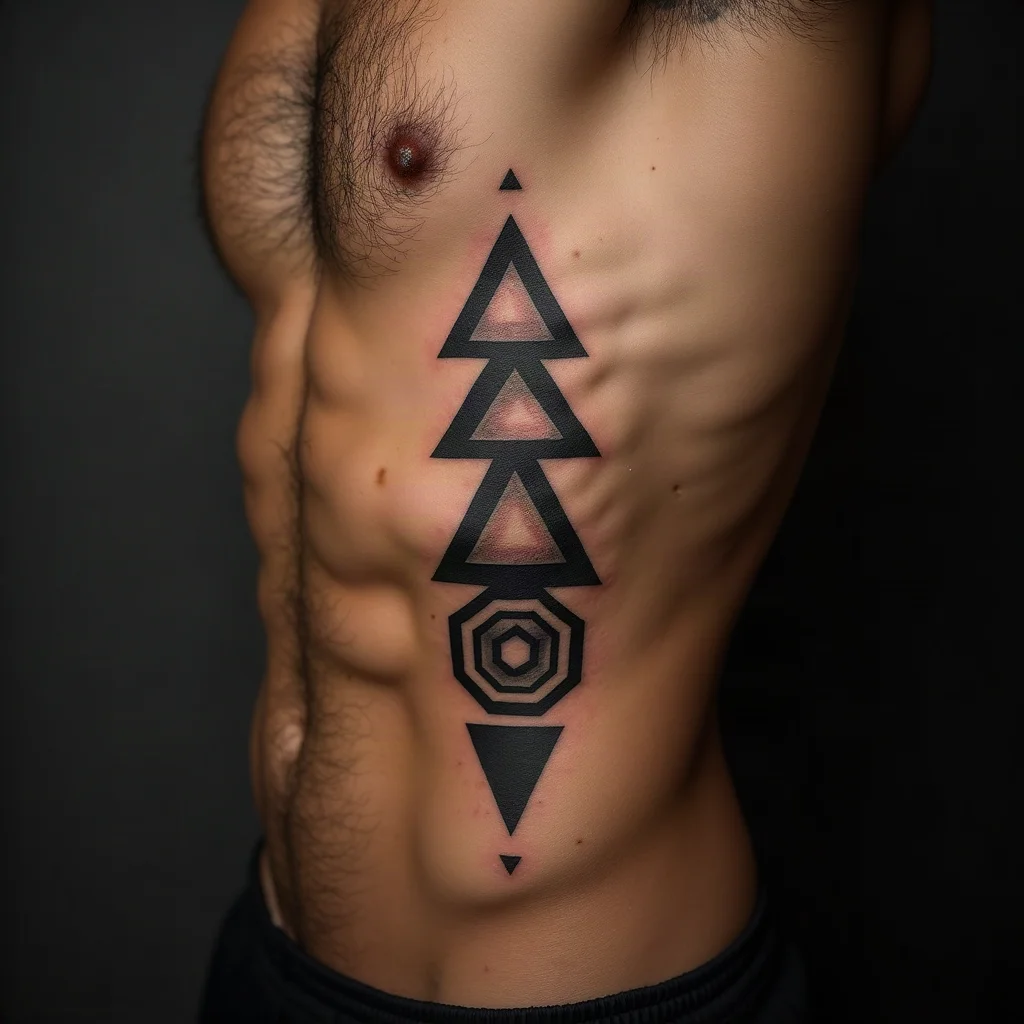 Geometric stacked-shape column tattooed down a man's side of the ribcage