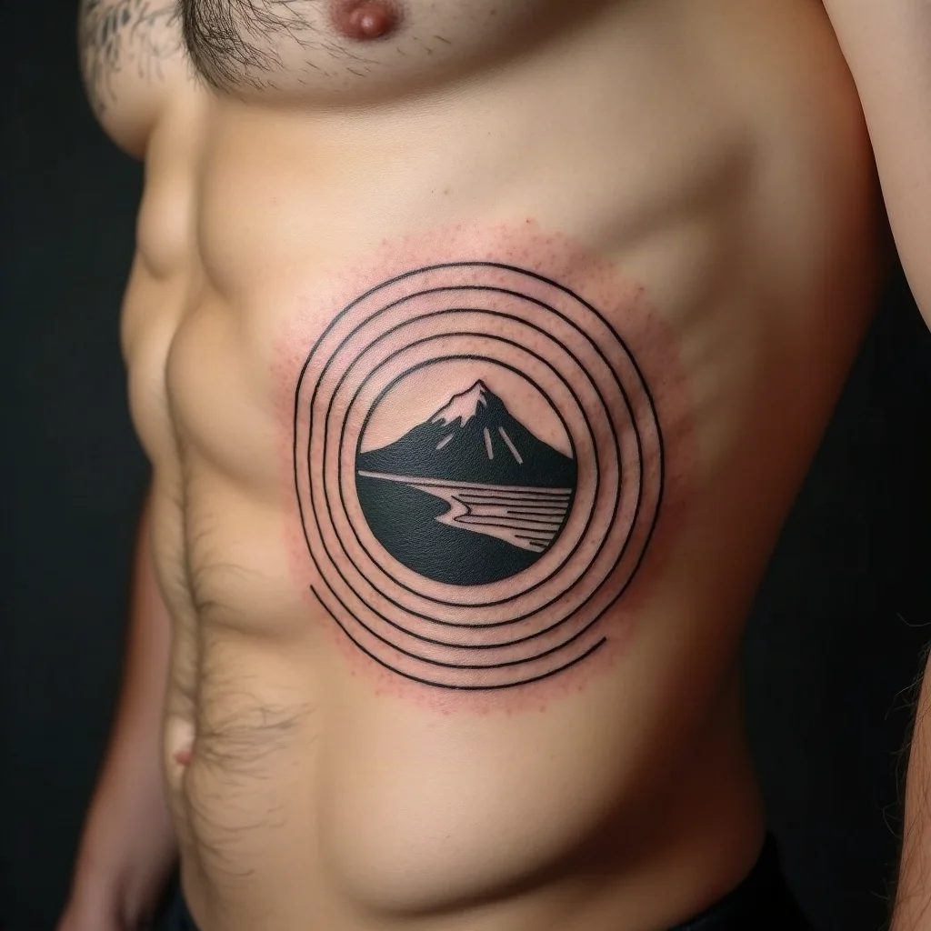 Geometric topographic contour map tattoo across a man's side of the ribcage