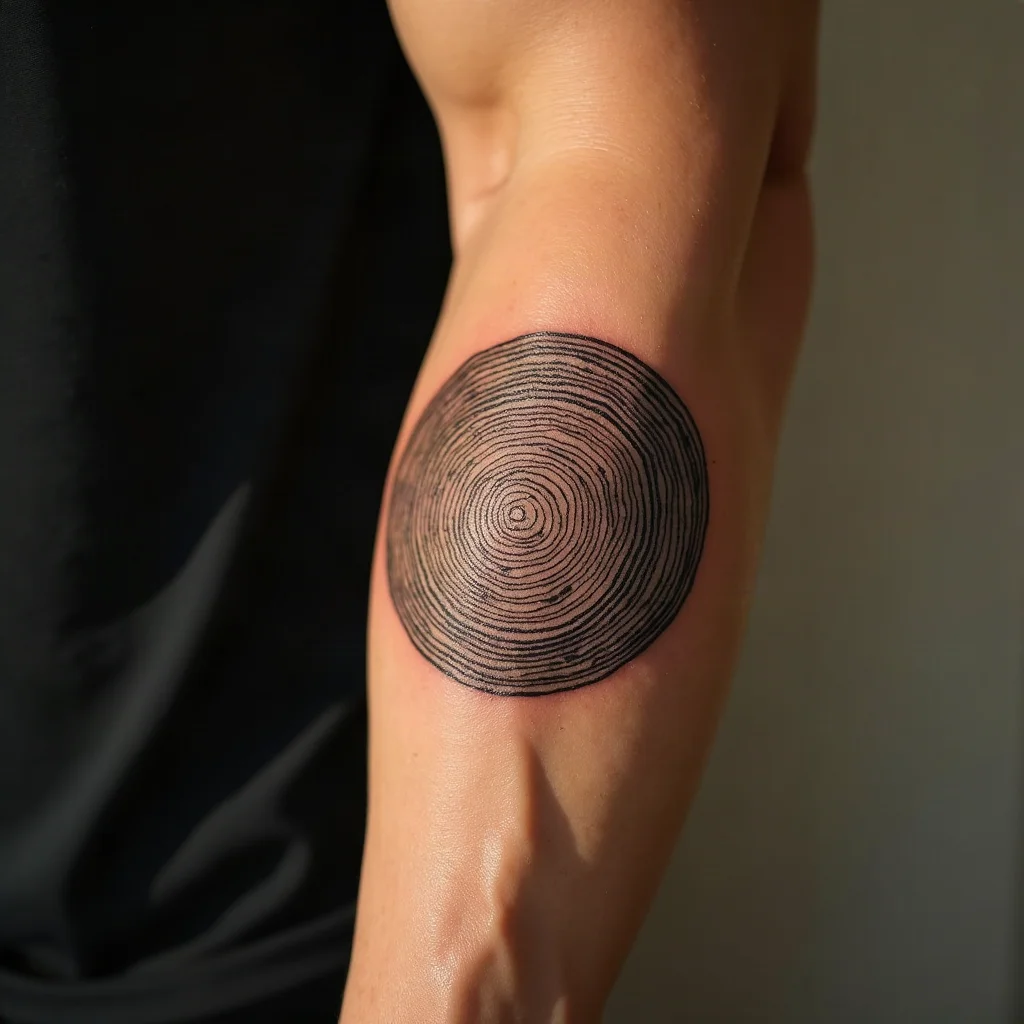 Geometric tree growth ring tattoo on a man's inner forearm