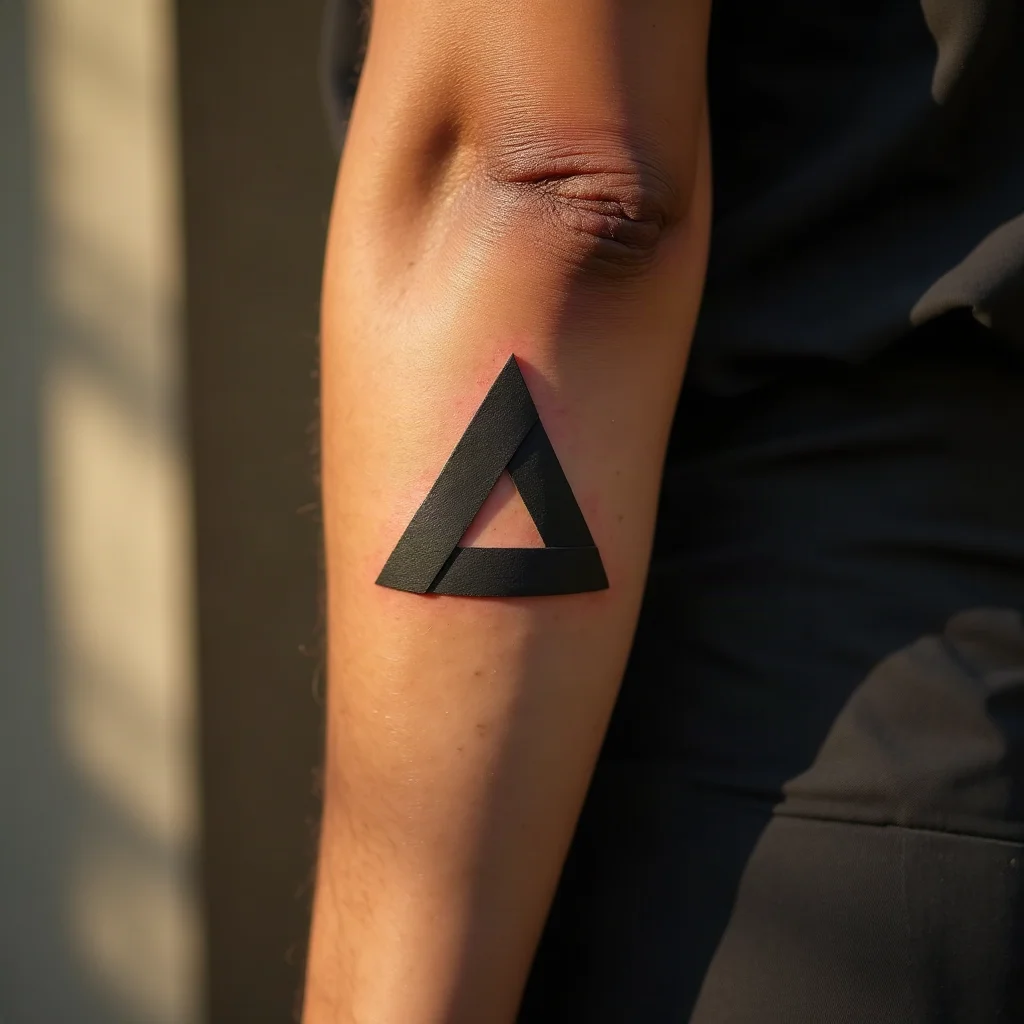 Geometric triangle shard tattoo on a woman's outer forearm from a three-part sister set