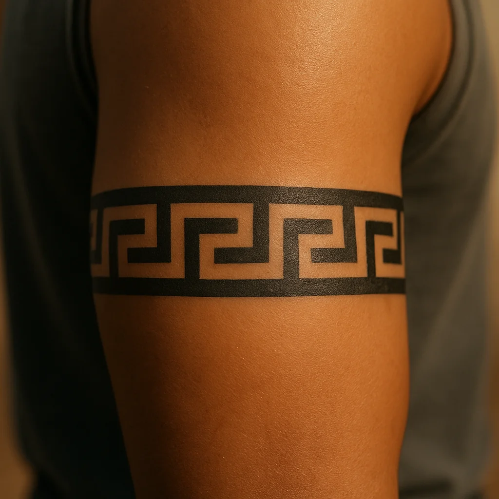 Greek key meander armband wrapping the bicep in geometric blackwork