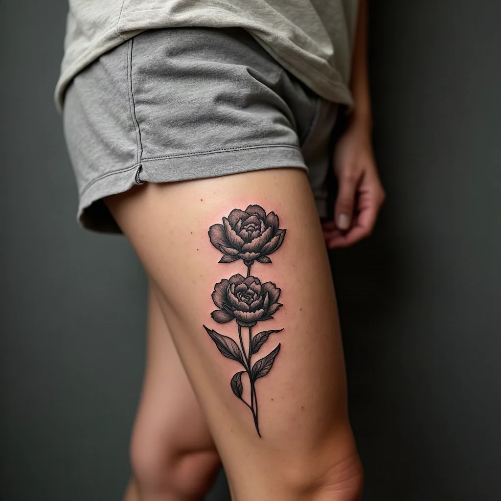 Grey wash peony cluster tattoo running down the front of the thigh