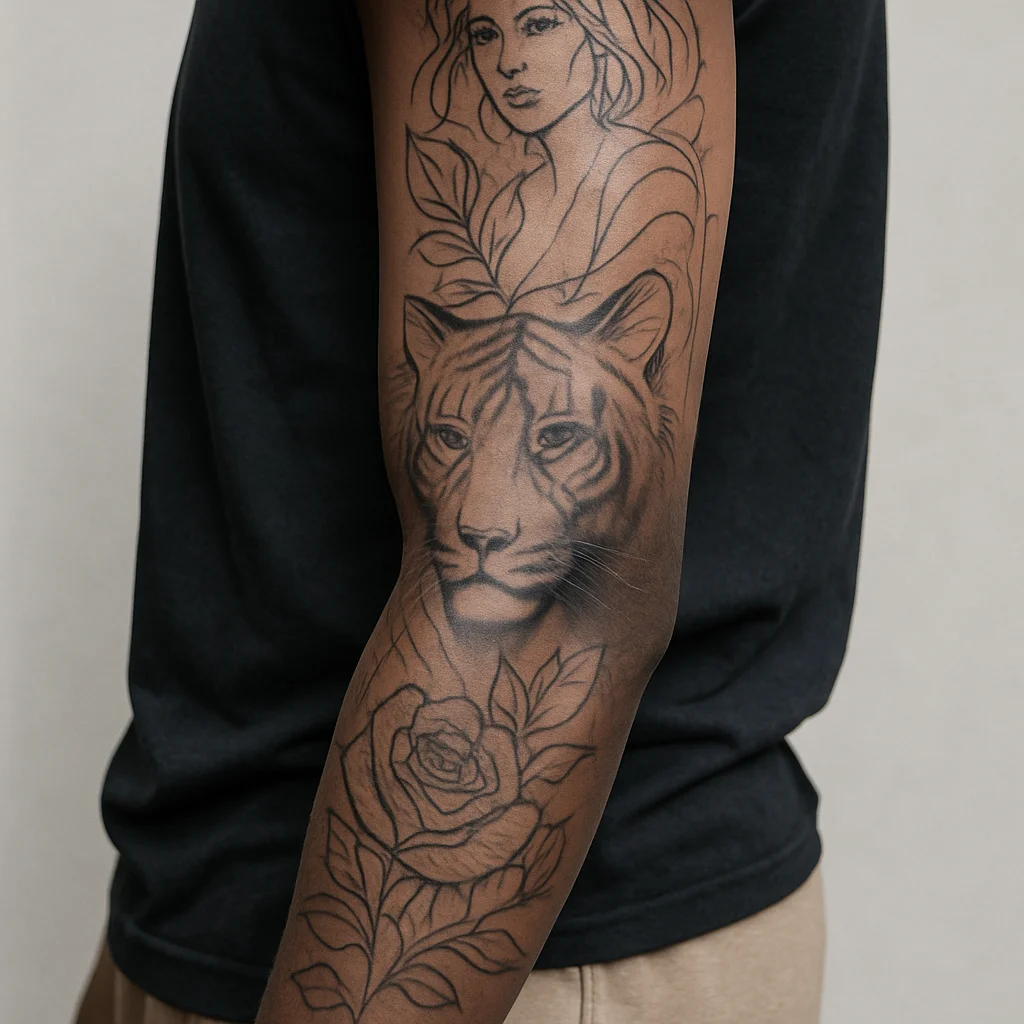 Half-finished illustrative sleeve tattoo with outlines done and shading in progress from shoulder to wrist
