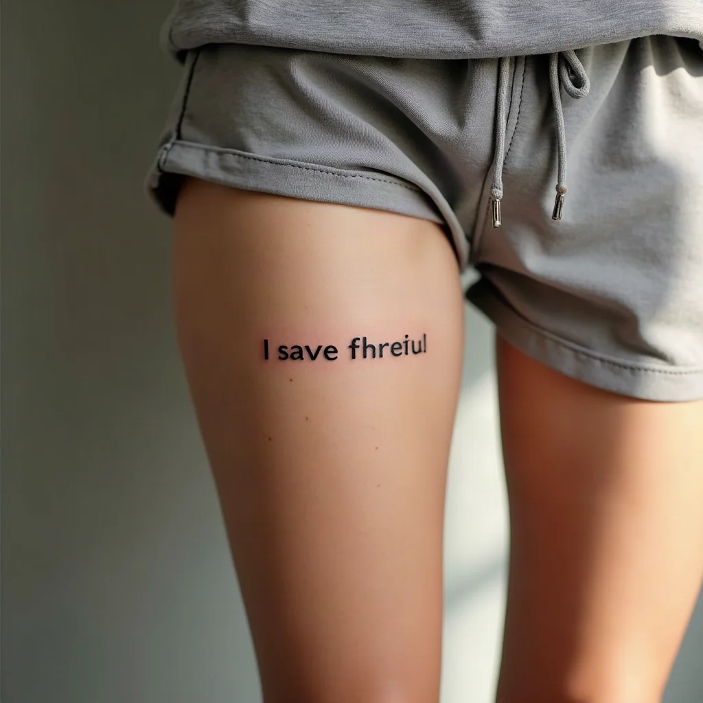 Half of a split lettering phrase tattooed in bold simple type on the inner thigh