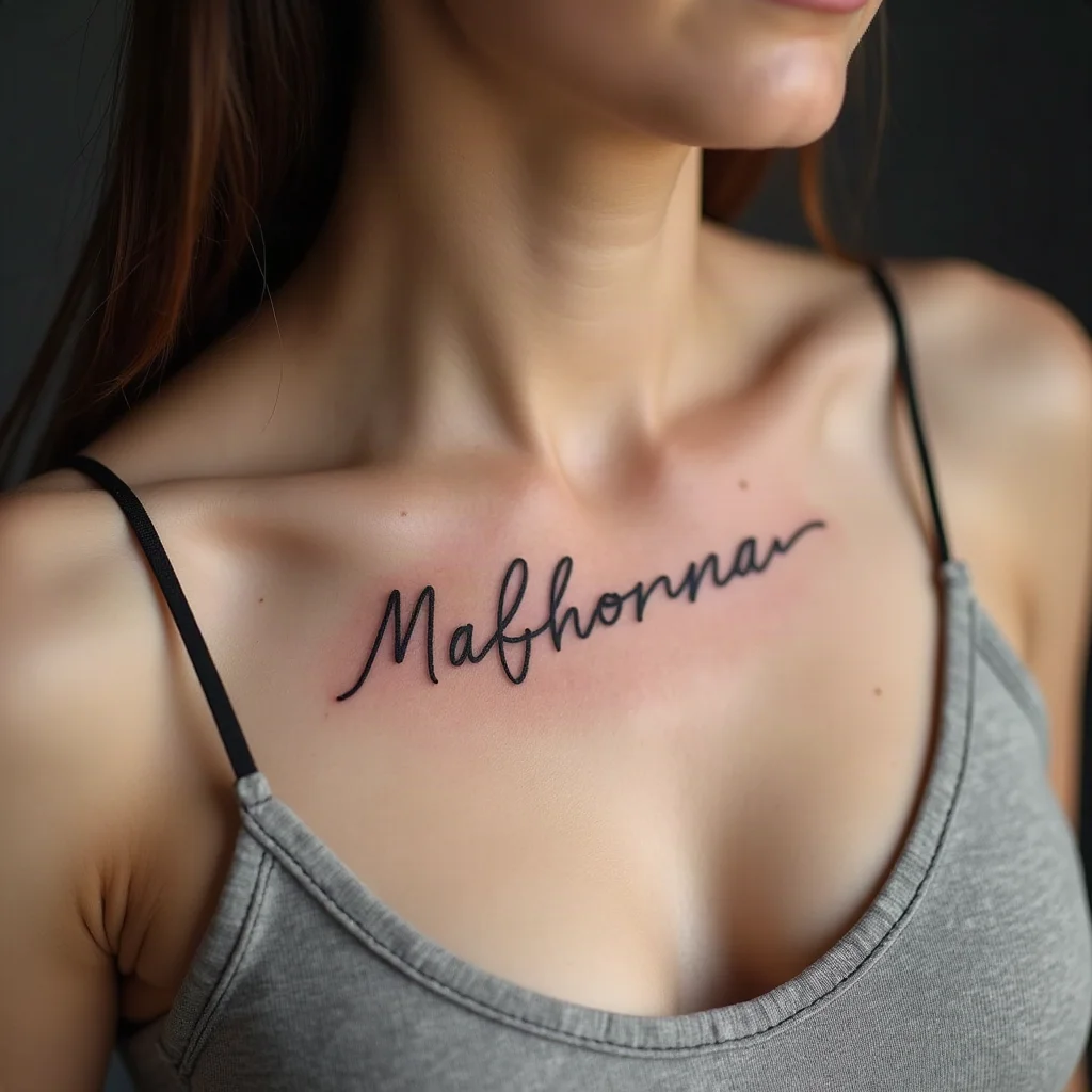 Handwriting script tattoo of a nickname along a woman's collarbone, shared by three sisters