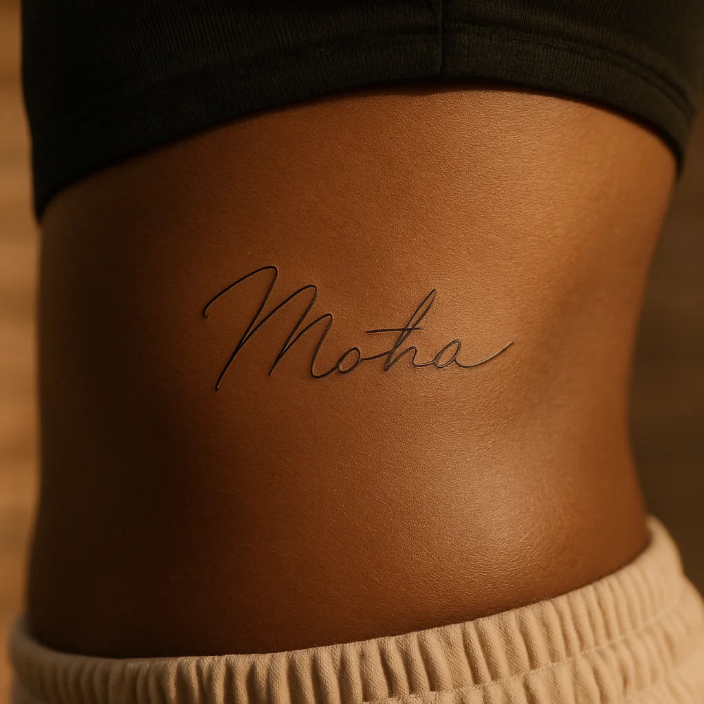 Handwritten name tattoo in a mother's real script along the side of the ribcage