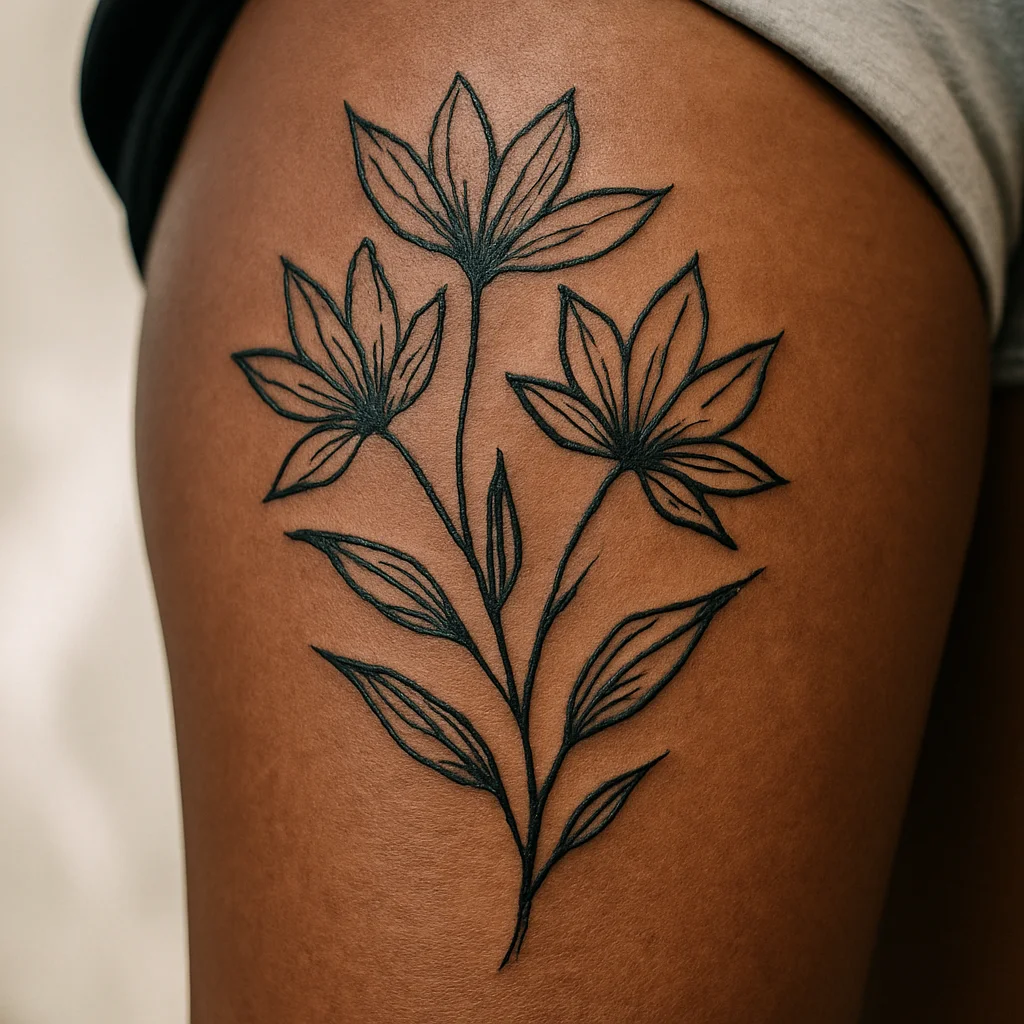 Healed bold-line botanical tattoo with generous spacing along the outer thigh