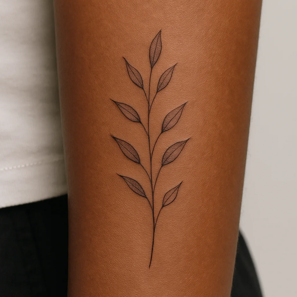 Healed fine-line botanical stem tattoo on the outer forearm four weeks after the session