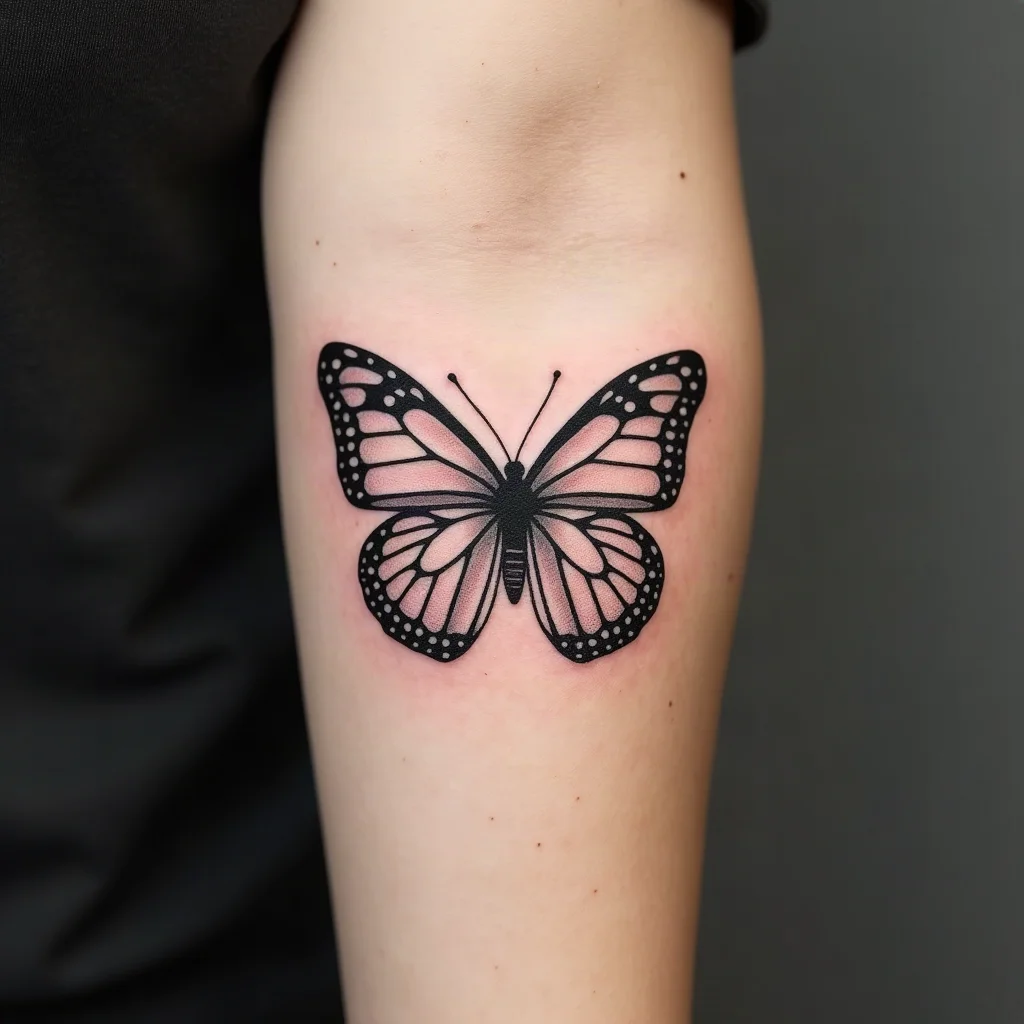 Healed fine-line butterfly tattoo with crisp outline on the inner forearm