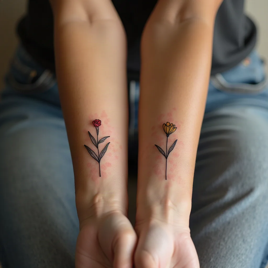Healed fine-line matching tattoos on a mother's and son's inner forearms photographed side by side