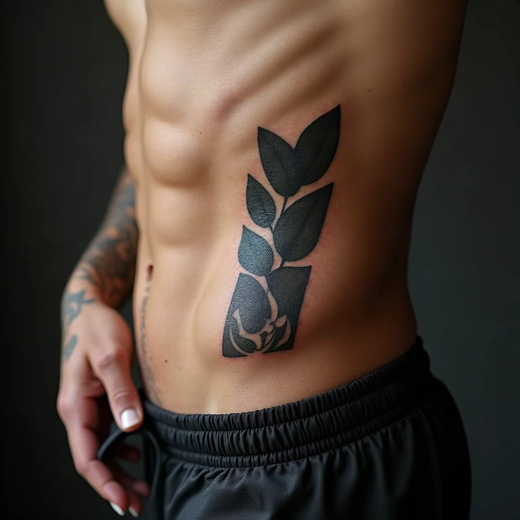 Healed narrow blackwork rib panel placed clear of the waistband on a man's ribcage