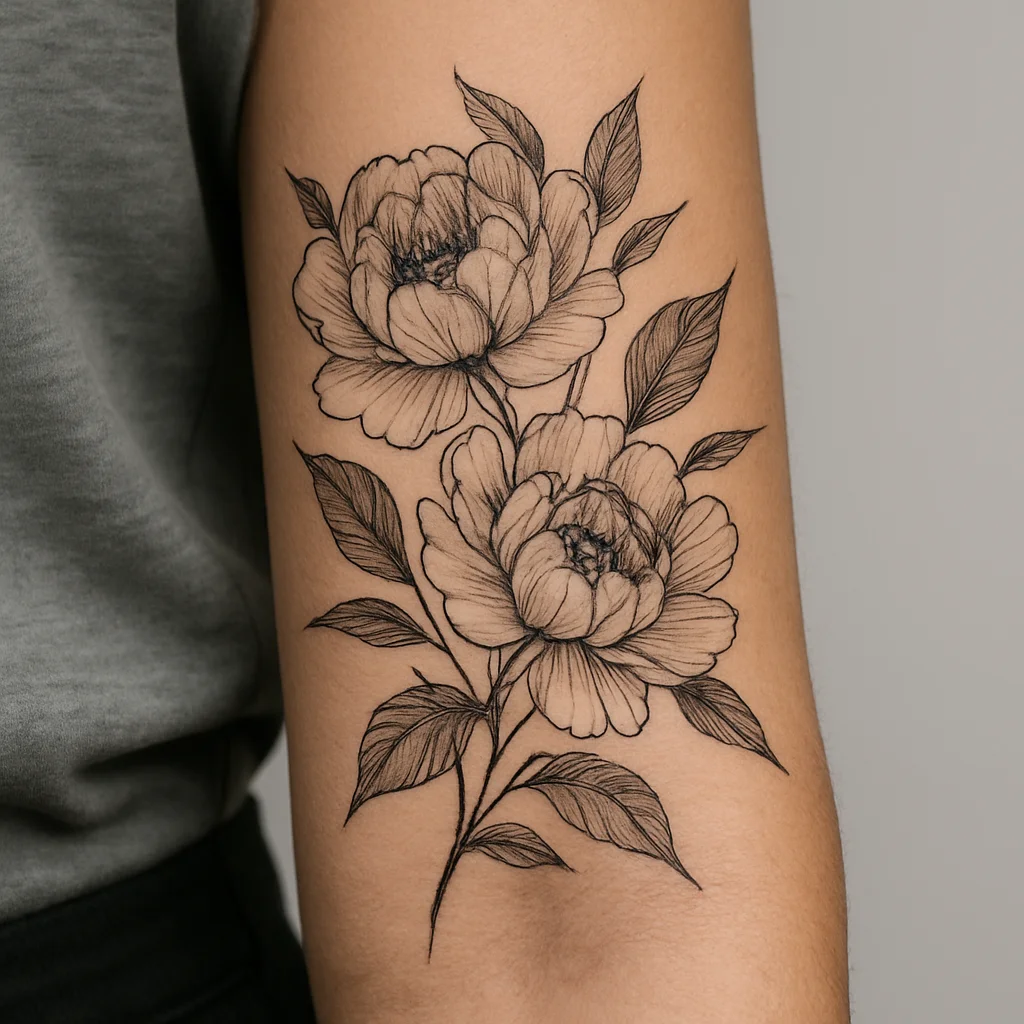 Healing floral sleeve panel with peonies and leaves across the tender inner elbow area