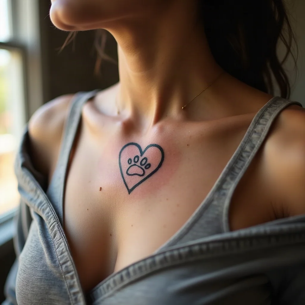 Heart outline with a negative-space paw print inside, minimalist tattoo on the chest