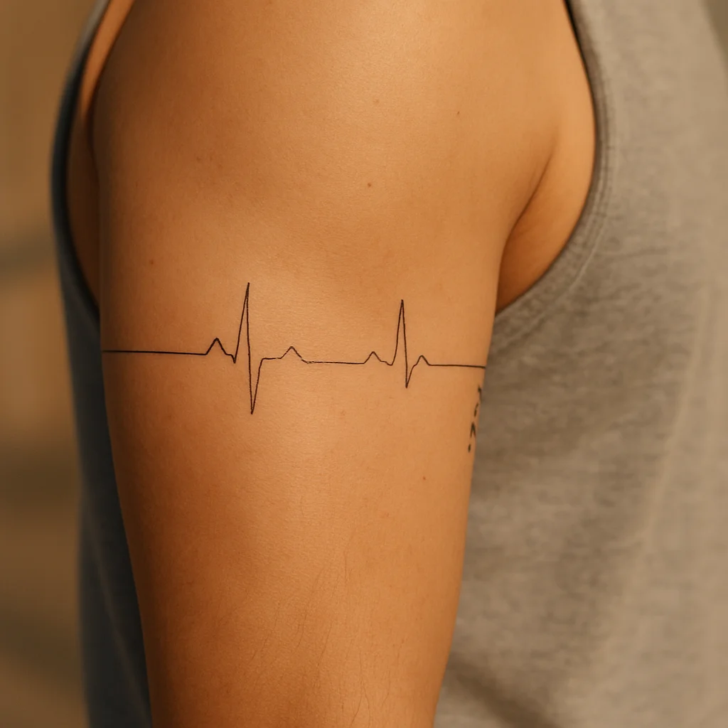 Heartbeat line armband with a name break wrapping the bicep in fine-line style