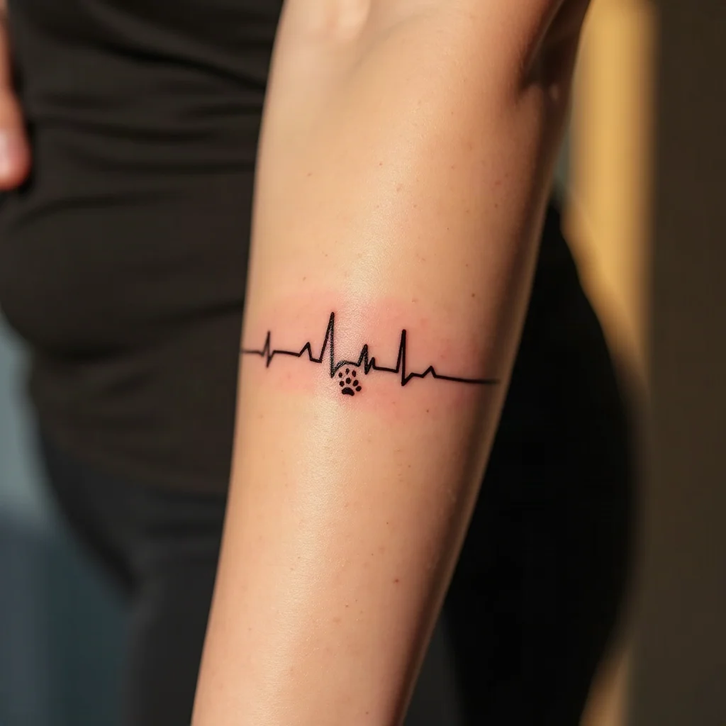 Heartbeat line ending in a paw print, fine-line memorial tattoo on an inner forearm