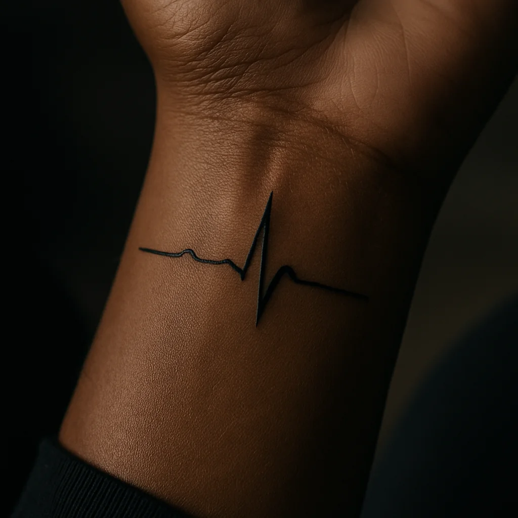 Heartbeat line tattoo with a single spike on a man's inner wrist