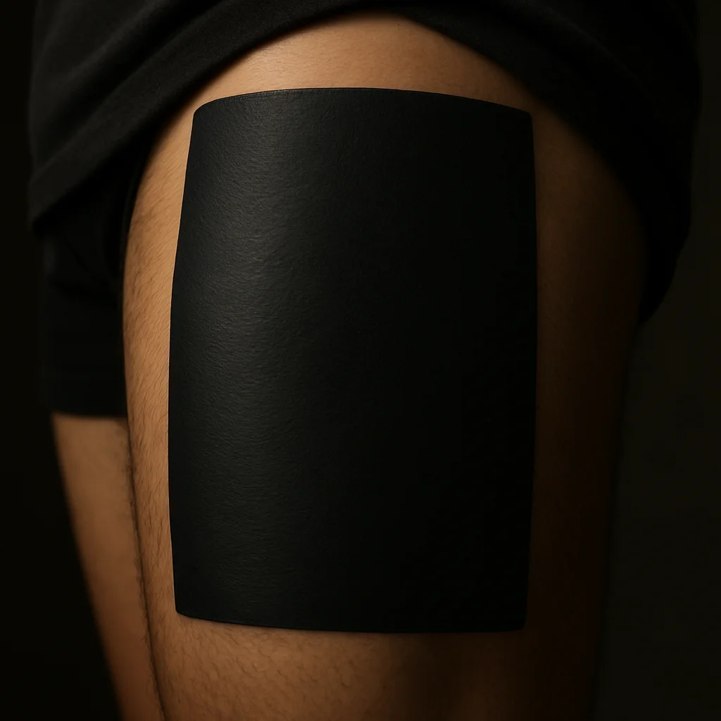 Heavy blackwork fill panel tattoo on the thigh from a long sitting