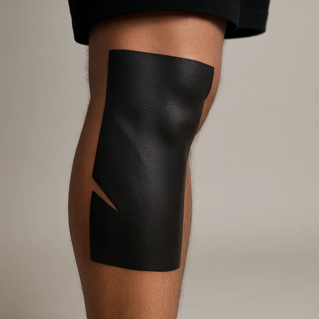 Heavy blackwork panel tattoo wrapping around the calf muscle