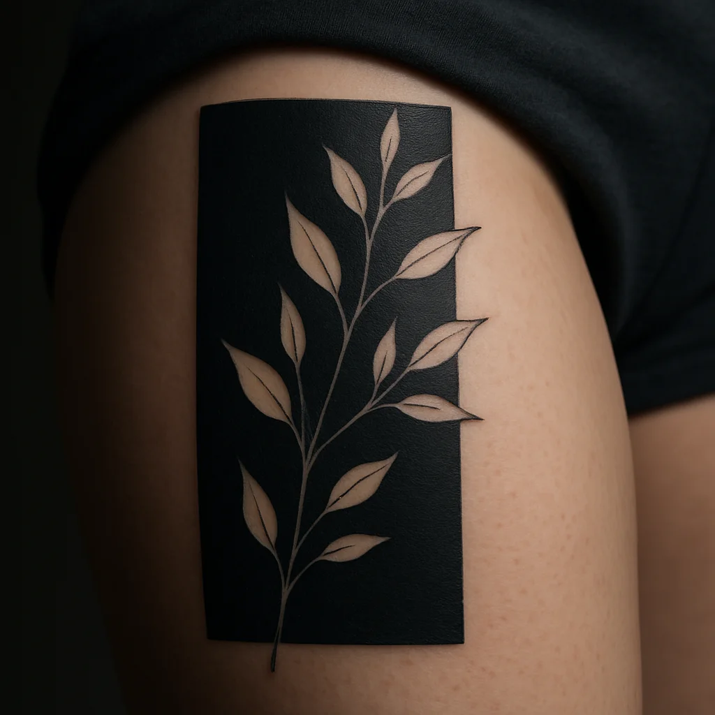Heavy blackwork thigh panel with negative-space botanical linework