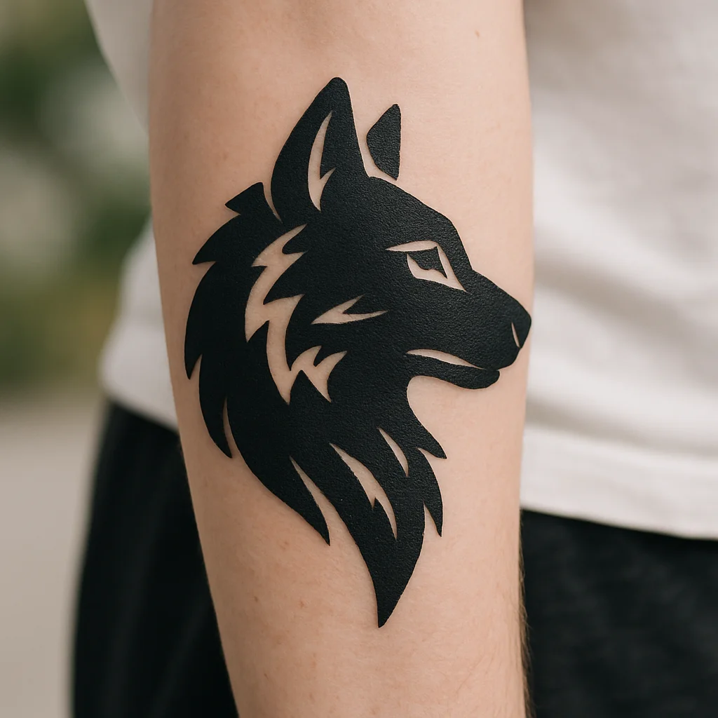 Heavy blackwork wolf head with negative-space fur tattooed on the outer forearm