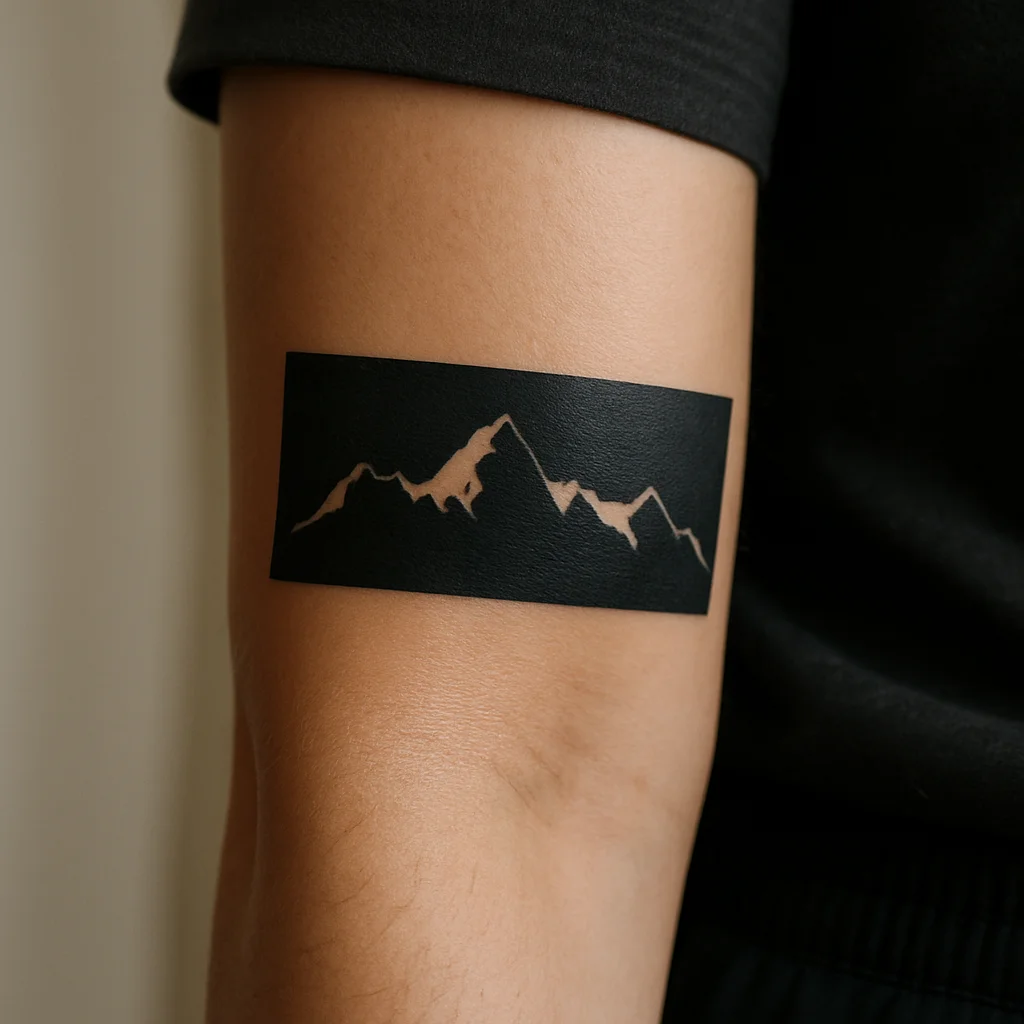 Horizontal mountain range horizon band tattooed across the outer forearm in blackwork