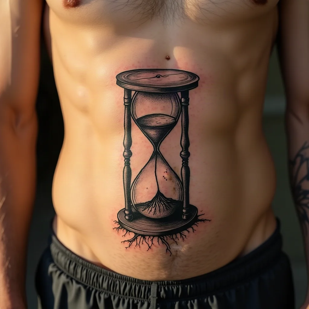 Hourglass with roots growing in the sand tattooed on a man's ribcage