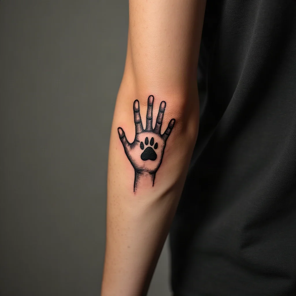 Human palm outline overlapping a pet paw print, illustrative tattoo on an inner forearm