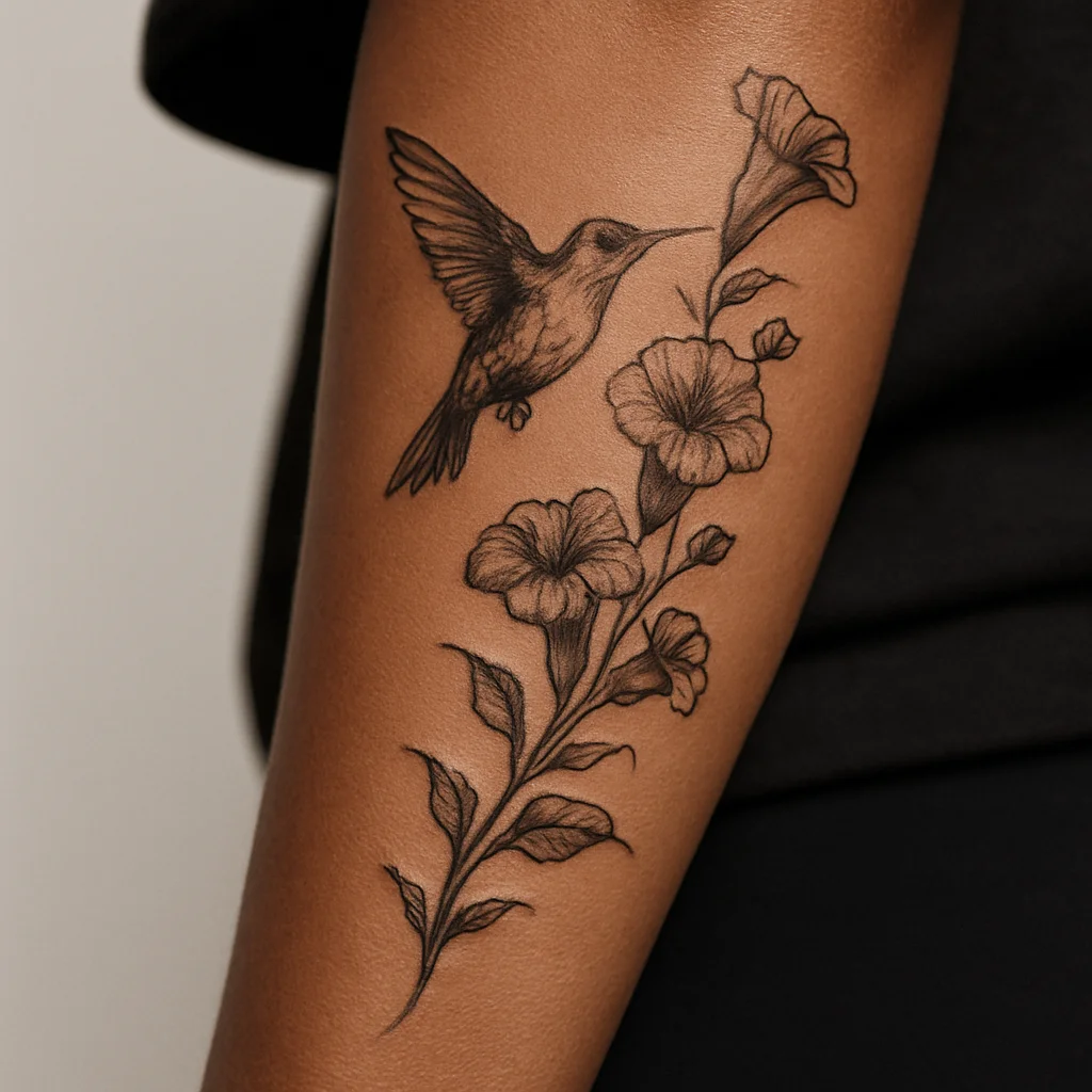 Hummingbird and trumpet vine tattoo spiralling up the outer forearm in colour