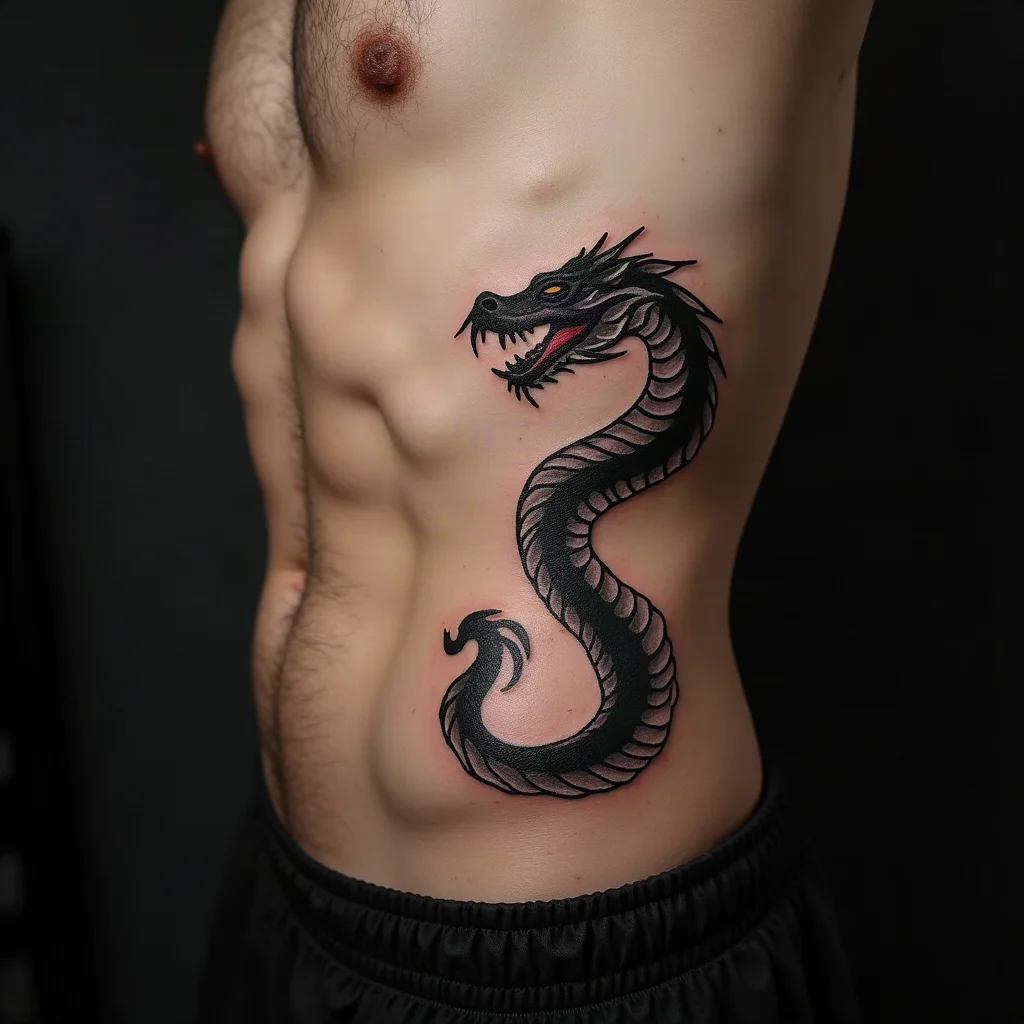 Illustrative black and grey serpent coiling down the side of the ribcage