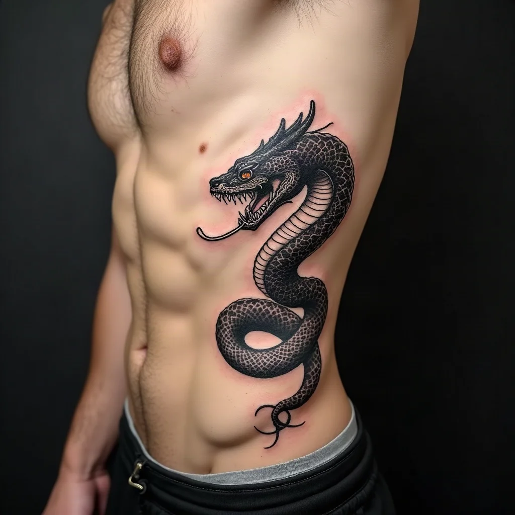 Illustrative black and grey serpent tattoo curving down a man's side of the ribcage