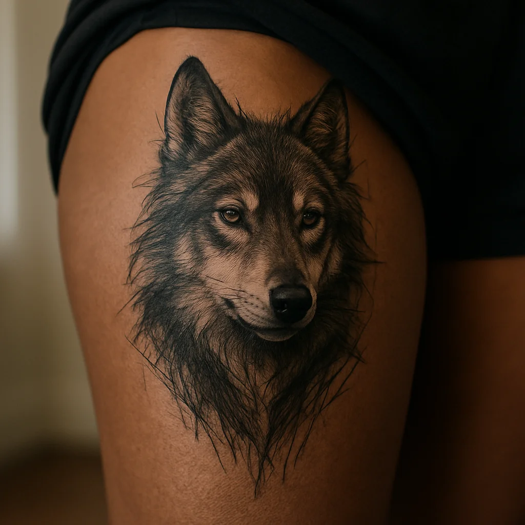 Illustrative black and grey wolf portrait tattoo covering half the thigh