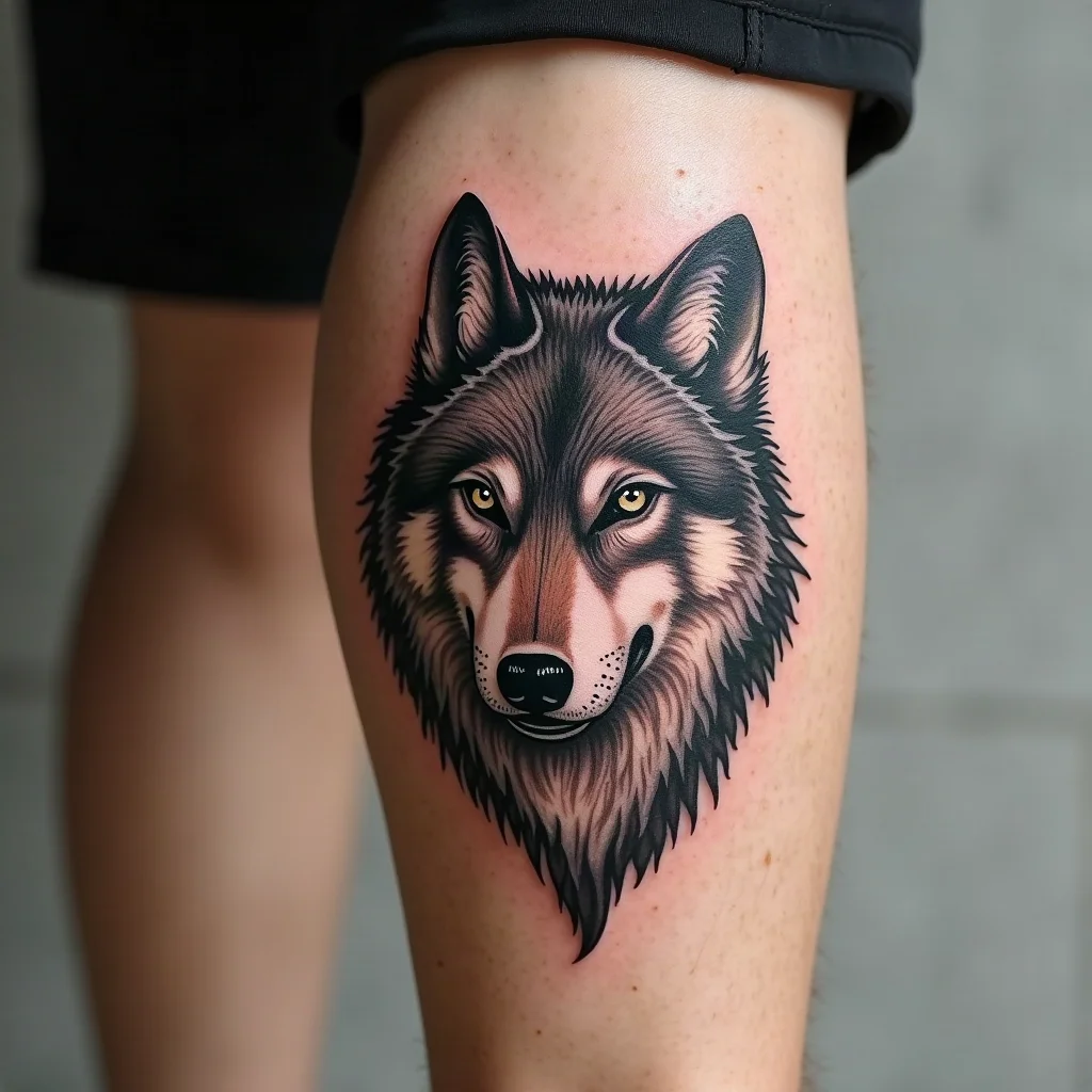 Illustrative black and grey wolf tattoo on a calf in the settling stage weeks after healing