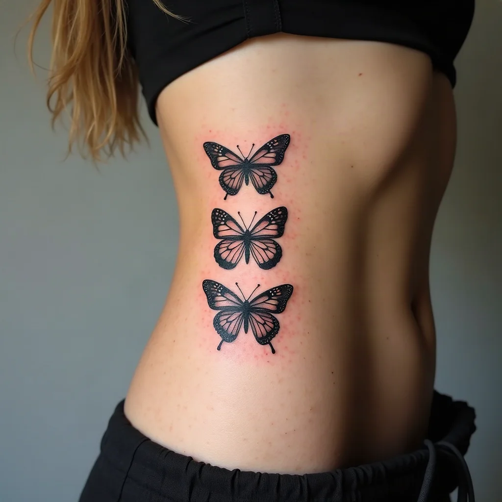 Illustrative butterfly and moth pair stacked along the side of the ribcage