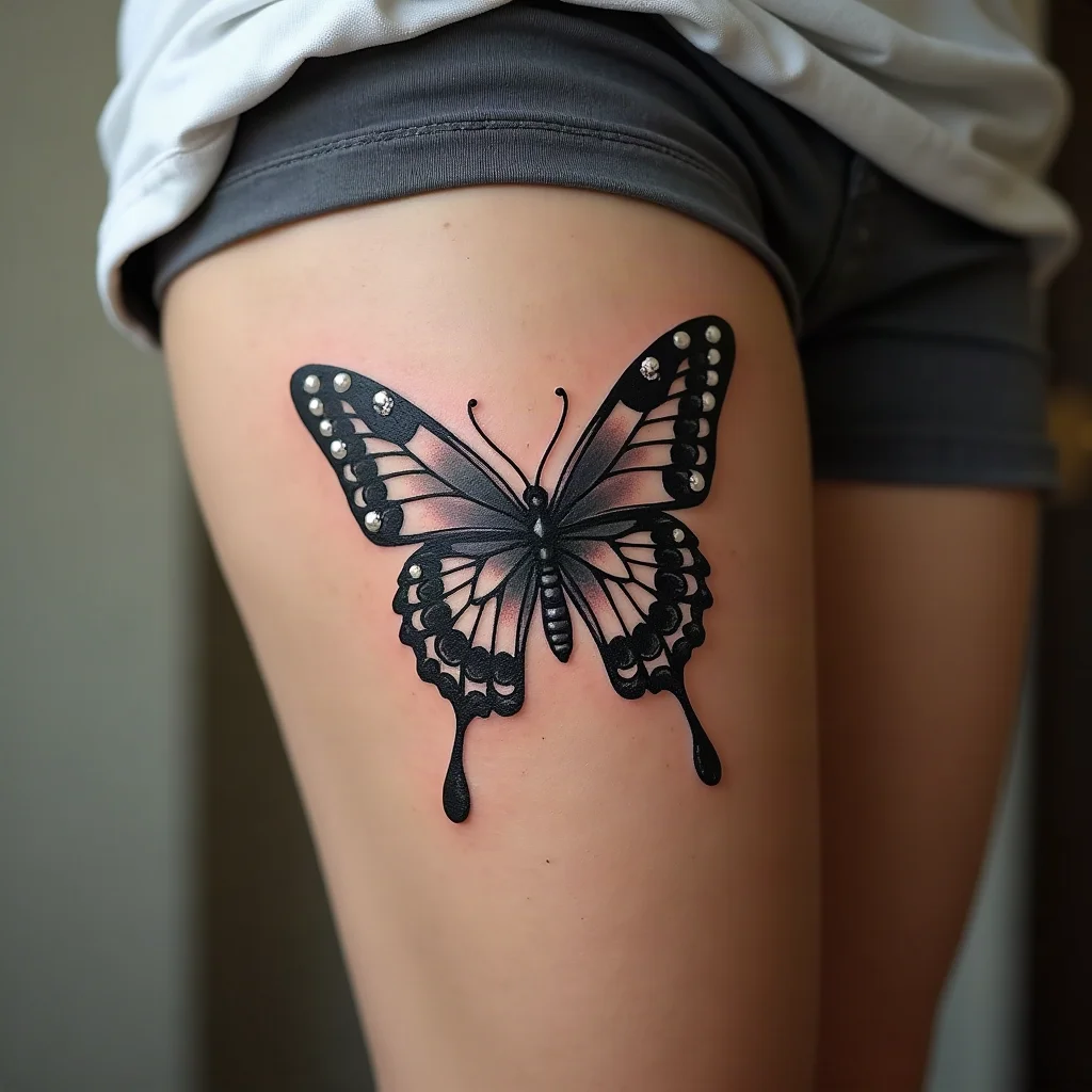 Illustrative butterfly with Victorian lace and filigree wings tattooed on the thigh